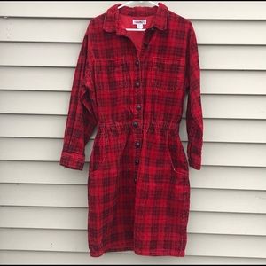 Vintage red plaid corduroy dress jumper with pockets